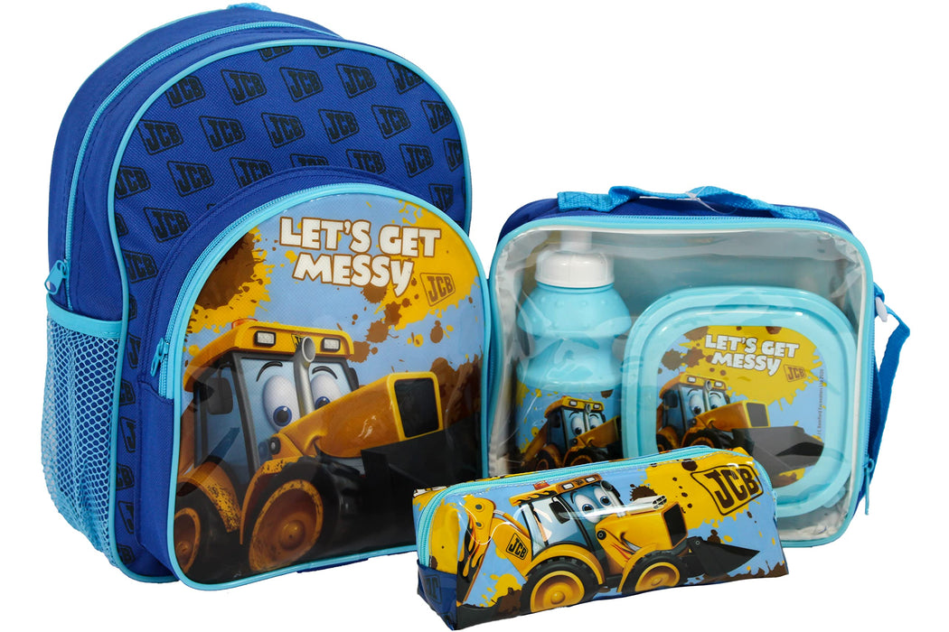 JCB Kids School Back to School Backpack, Lunchbox & Pencil Case Set - Black, Blue