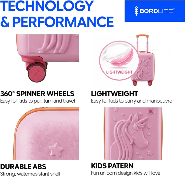 Bordlite Kids Suitcase 40x30x20cm Cabin Luggage - Underseat Travel Case with 360° Spinner Wheels