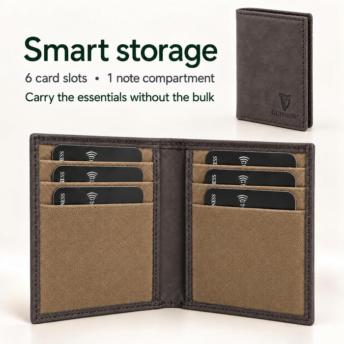 Guinness Men’s Genuine Leather & Canvas Wallet – Official Merchandise with RFID Protection, Card Slots, Coin Pocket, Note Compartments & Removable Card Holder – Beige/Brown