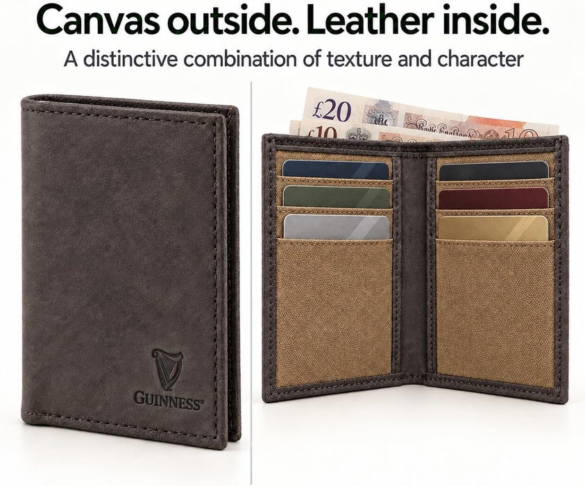 Guinness Men’s Genuine Leather & Canvas Wallet – Official Merchandise with RFID Protection, Card Slots, Coin Pocket, Note Compartments & Removable Card Holder – Beige/Brown