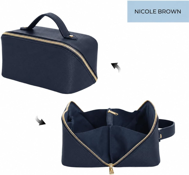 Nicole Brown Small Makeup Bag for Women 19x10x10cm – Compact Cosmetic Organiser with Compartments & Brush Holders – Travel Toiletry Case with Zipped Pocket & Carry Handle