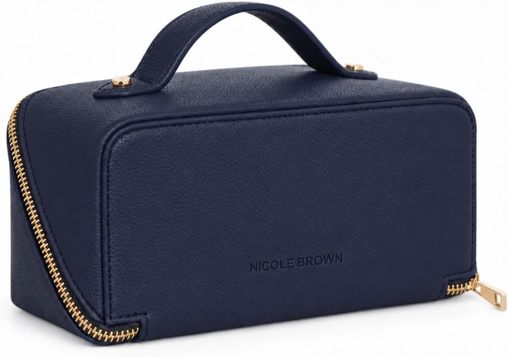 Nicole Brown Small Makeup Bag for Women 19x10x10cm – Compact Cosmetic Organiser with Compartments & Brush Holders – Travel Toiletry Case with Zipped Pocket & Carry Handle