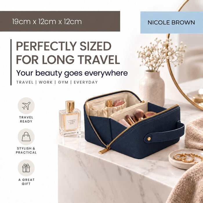 Nicole Brown Small Makeup Bag for Women 19x10x10cm – Compact Cosmetic Organiser with Compartments & Brush Holders – Travel Toiletry Case with Zipped Pocket & Carry Handle