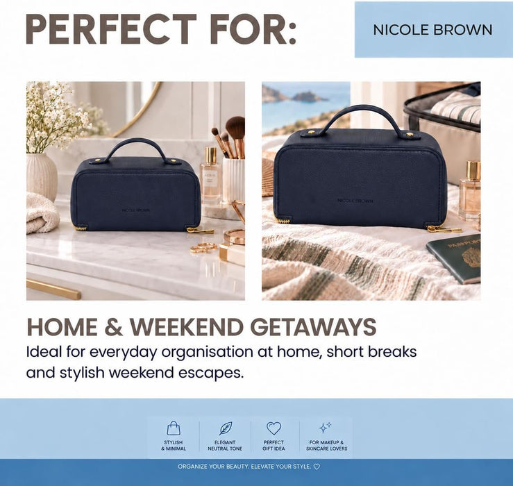 Nicole Brown Small Makeup Bag for Women 19x10x10cm – Compact Cosmetic Organiser with Compartments & Brush Holders – Travel Toiletry Case with Zipped Pocket & Carry Handle