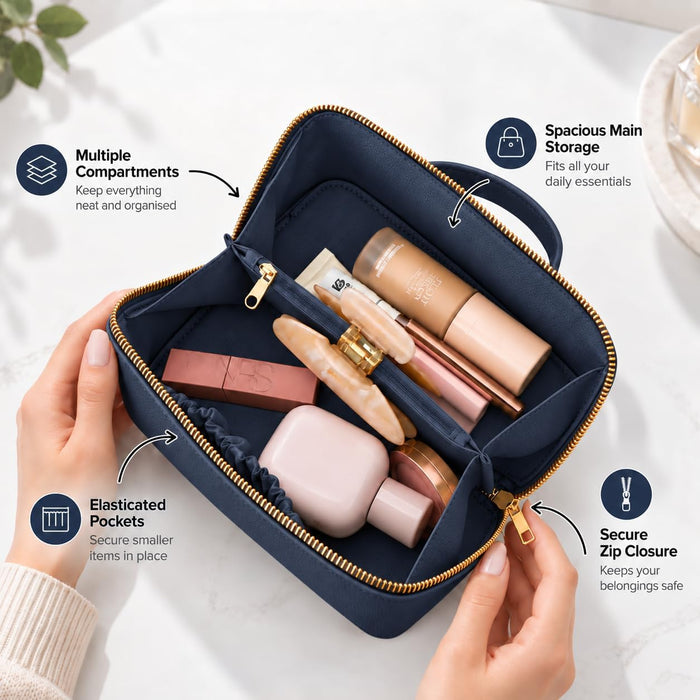Nicole Brown Small Makeup Bag for Women 19x10x10cm – Compact Cosmetic Organiser with Compartments & Brush Holders – Travel Toiletry Case with Zipped Pocket & Carry Handle