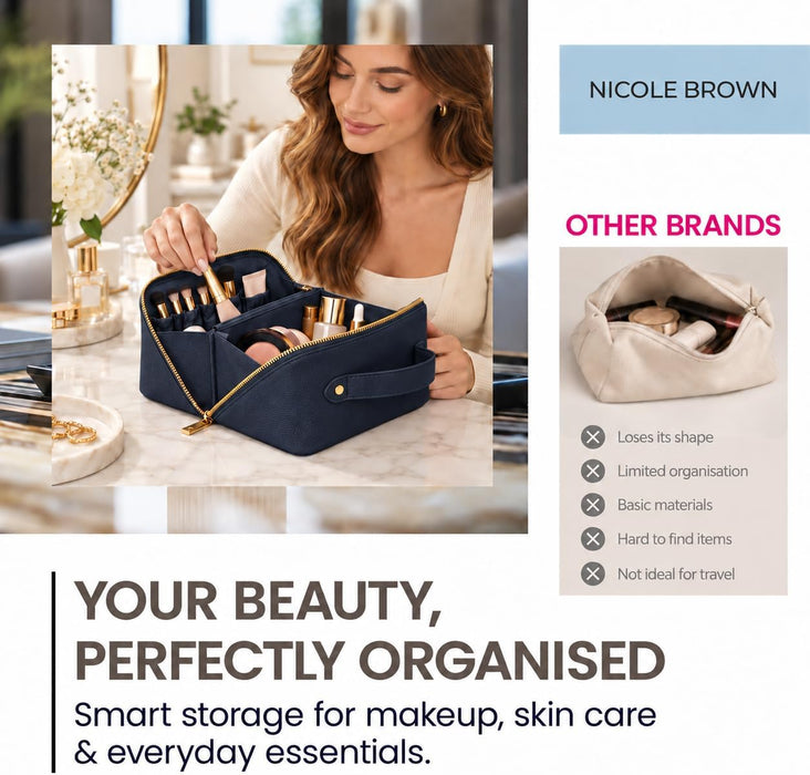 Nicole Brown Small Makeup Bag for Women 19x10x10cm – Compact Cosmetic Organiser with Compartments & Brush Holders – Travel Toiletry Case with Zipped Pocket & Carry Handle