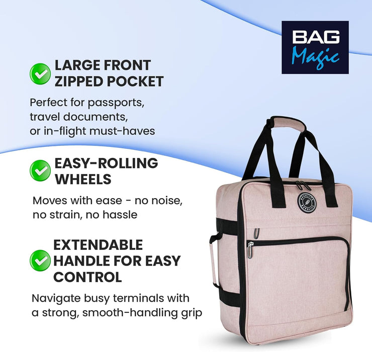 EasyJet Underseat Cabin Bag 45x36x20cm – Twill Wheeled Travel Holdall with Trolley Handle – Lightweight Soft Shell Carry On Luggage – Fits EasyJet Free Bag Allowance - Pink