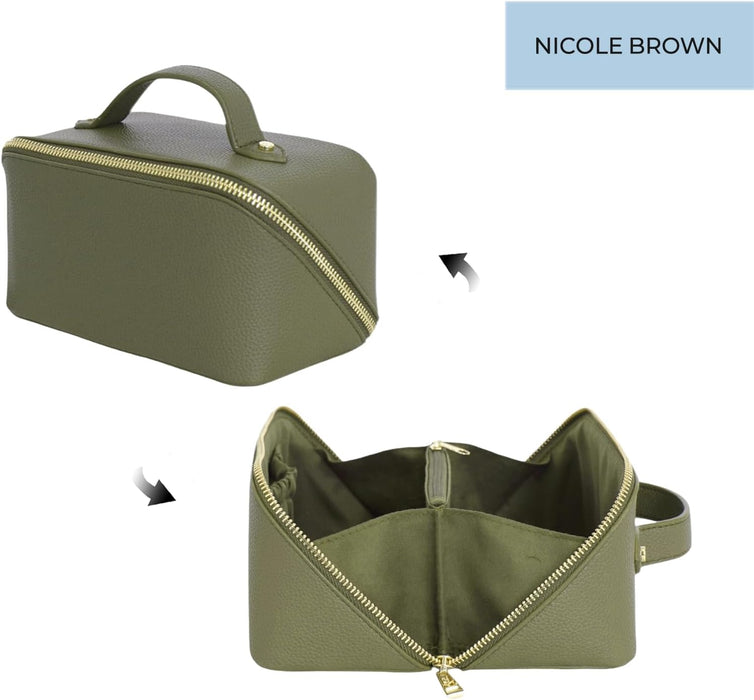 Nicole Brown Small Makeup Bag for Women 19x10x10cm – Compact Cosmetic Organiser with Compartments & Brush Holders – Travel Toiletry Case with Zipped Pocket & Carry Handle