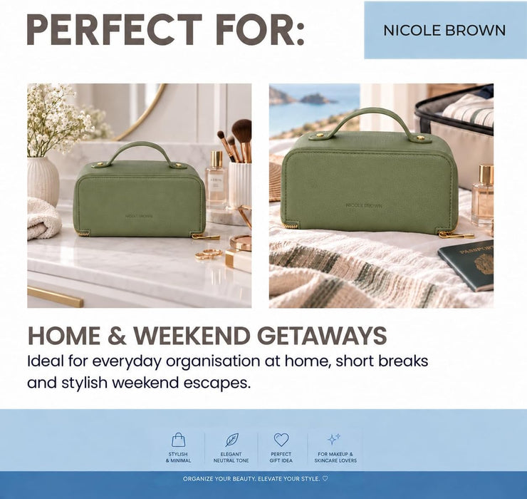 Nicole Brown Small Makeup Bag for Women 19x10x10cm – Compact Cosmetic Organiser with Compartments & Brush Holders – Travel Toiletry Case with Zipped Pocket & Carry Handle