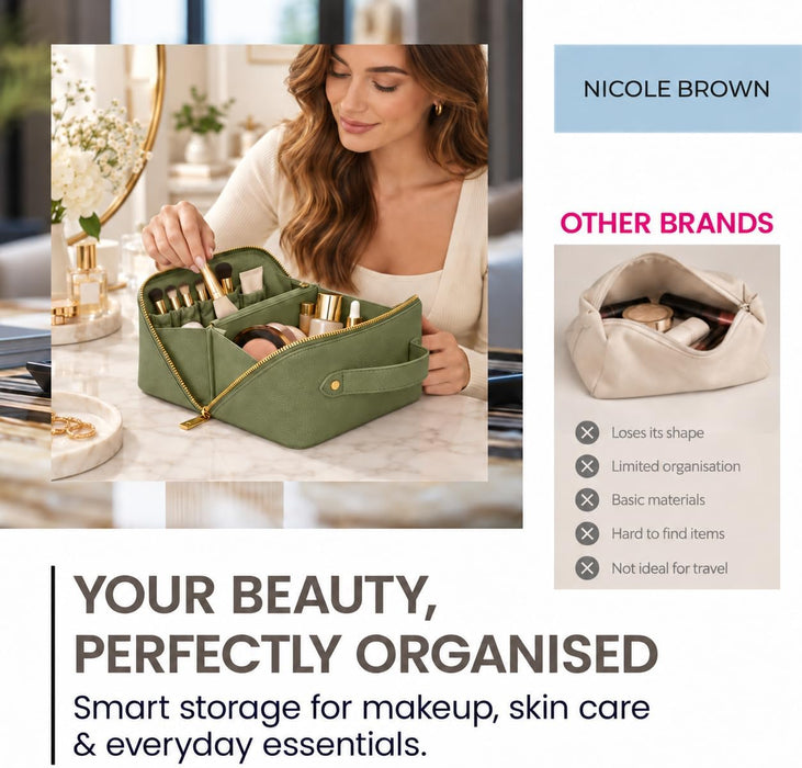 Nicole Brown Small Makeup Bag for Women 19x10x10cm – Compact Cosmetic Organiser with Compartments & Brush Holders – Travel Toiletry Case with Zipped Pocket & Carry Handle