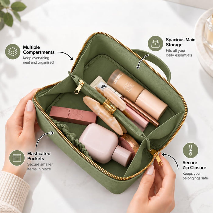 Nicole Brown Small Makeup Bag for Women 19x10x10cm – Compact Cosmetic Organiser with Compartments & Brush Holders – Travel Toiletry Case with Zipped Pocket & Carry Handle