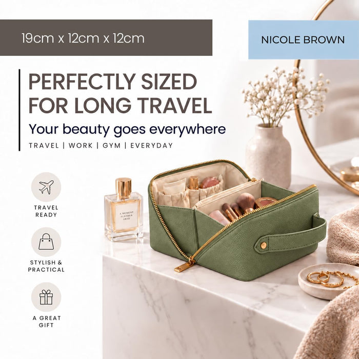 Nicole Brown Small Makeup Bag for Women 19x10x10cm – Compact Cosmetic Organiser with Compartments & Brush Holders – Travel Toiletry Case with Zipped Pocket & Carry Handle