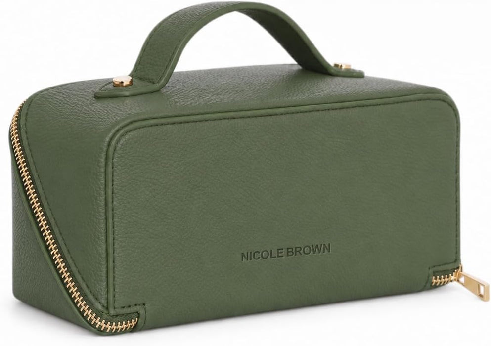Nicole Brown Small Makeup Bag for Women 19x10x10cm – Compact Cosmetic Organiser with Compartments & Brush Holders – Travel Toiletry Case with Zipped Pocket & Carry Handle