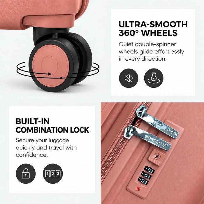 Bordlite Polypropylene Hard Shell Suitcase with Double Spinner Wheels, Combination Lock and Telescopic Handle
