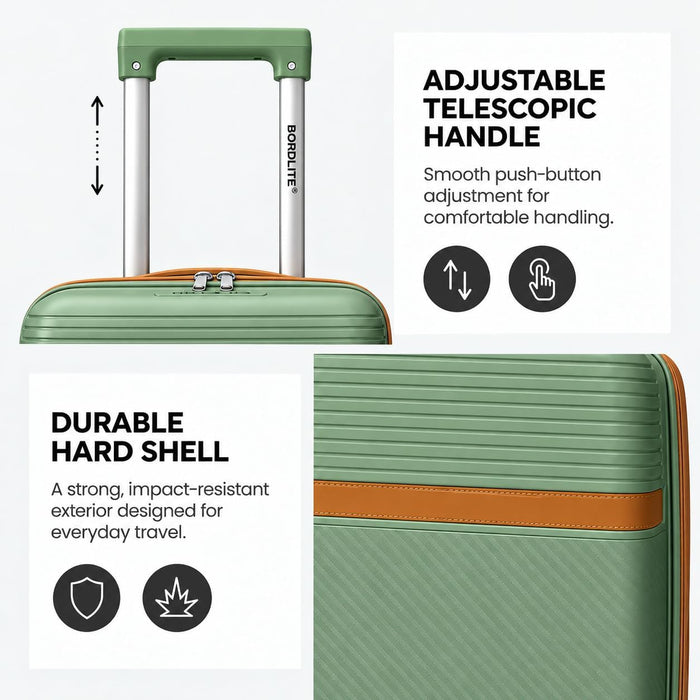 Bordlite Polypropylene Hard Shell Suitcase with Double Spinner Wheels, Combination Lock and Telescopic Handle