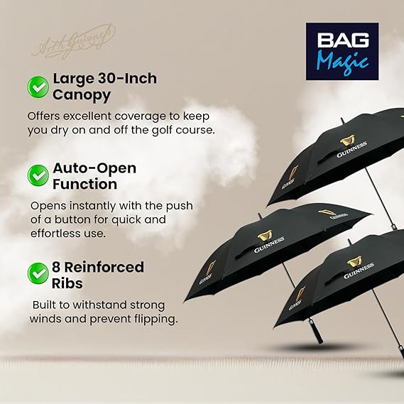 Guinness Official Golf Umbrella – 30-Inch Large Canopy, Auto-Open, 8 Reinforced Ribs, Windproof & Waterproof Stick Umbrella
