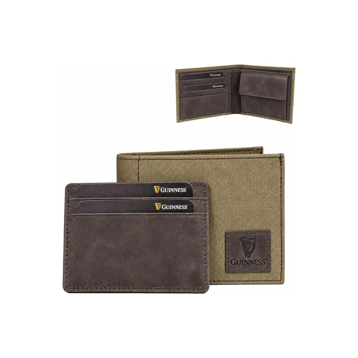 Guinness Men’s Genuine Leather & Canvas Wallet – Official Merchandise with RFID Protection, Card Slots, Coin Pocket, Note Compartments & Removable Card Holder – Beige/Brown
