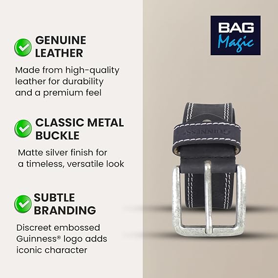Guinness Official Full Grain Leather Belt for Men – Heavy-Duty Black Leather with Double Stitching & Metal Buckle – Genuine Branded Gift