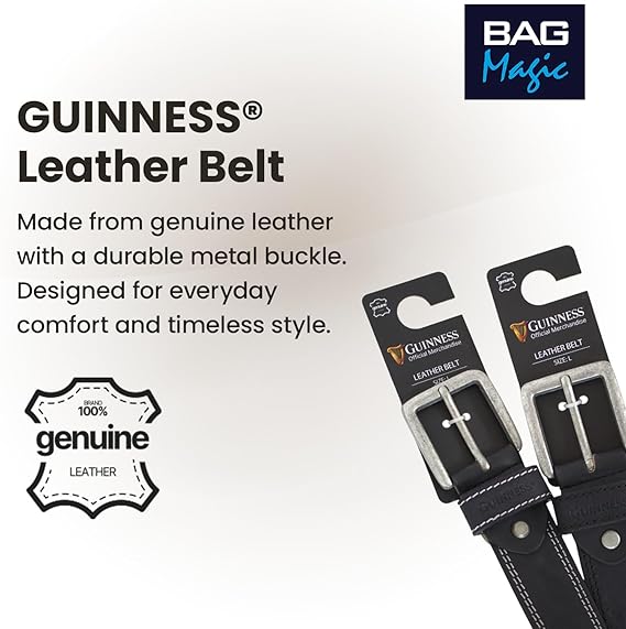 Guinness Official Full Grain Leather Belt for Men – Heavy-Duty Black Leather with Double Stitching & Metal Buckle – Genuine Branded Gift