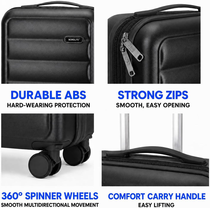 Bordlite Overhead Cabin Suitcase 55x34x21cm – Lightweight 2.27kg ABS Hard Shell Carry On Hand Luggage, 4 Double Spinner Wheels, Combination Lock & Trolley Handle
