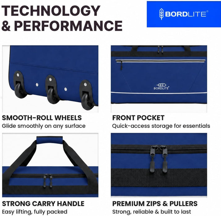 Bordlite 105L Extra Large Travel Bag on Wheels – 30 Inch Water-Resistant Tarp Holdall with 3 Smooth Wheels - 77x38x36cm