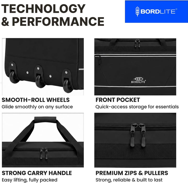 Bordlite 105L Extra Large Travel Bag on Wheels – 30 Inch Water-Resistant Tarp Holdall with 3 Smooth Wheels - 77x38x36cm