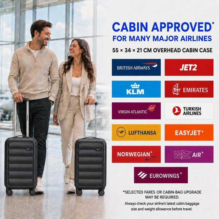 Bordlite Overhead Cabin Suitcase 55x34x21cm – Lightweight 2.27kg ABS Hard Shell Carry On Hand Luggage, 4 Double Spinner Wheels, Combination Lock & Trolley Handle