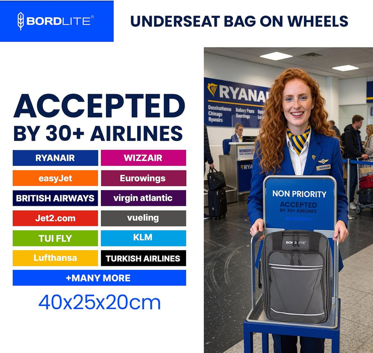 Bordlite Ryanair 40x20x25cm Cabin Backpack on Wheels – Lightweight 2 in 1 Trolley Bag & Rucksack (20L) – Fits Ryanair Free Hand Luggage Allowance