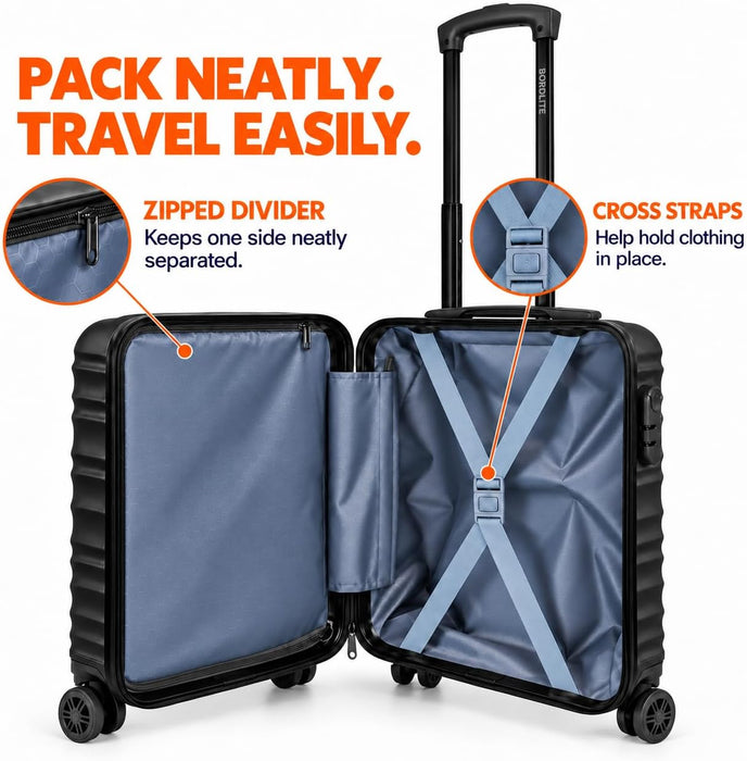 Bordlite EasyJet Underseat Cabin Suitcase 45x36x20cm, ABS Hard Shell Hand Luggage with 4 Double 360° Spinner Wheels, Combination Lock & Telescopic Handle