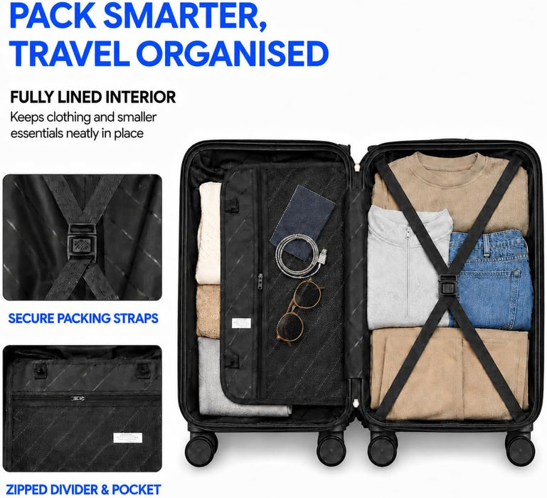 Bordlite Overhead Cabin Suitcase 55x34x21cm – Lightweight 2.27kg ABS Hard Shell Carry On Hand Luggage, 4 Double Spinner Wheels, Combination Lock & Trolley Handle