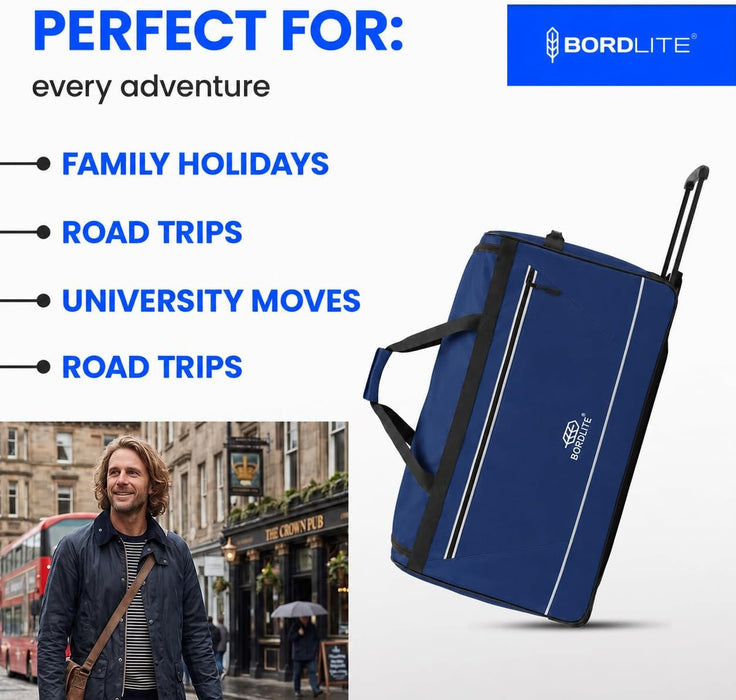 Bordlite 87L Large Travel Bag on Wheels – 27 Inch Water-Resistant Tarp Holdall with 3 Smooth Wheels – 69x38x33cm