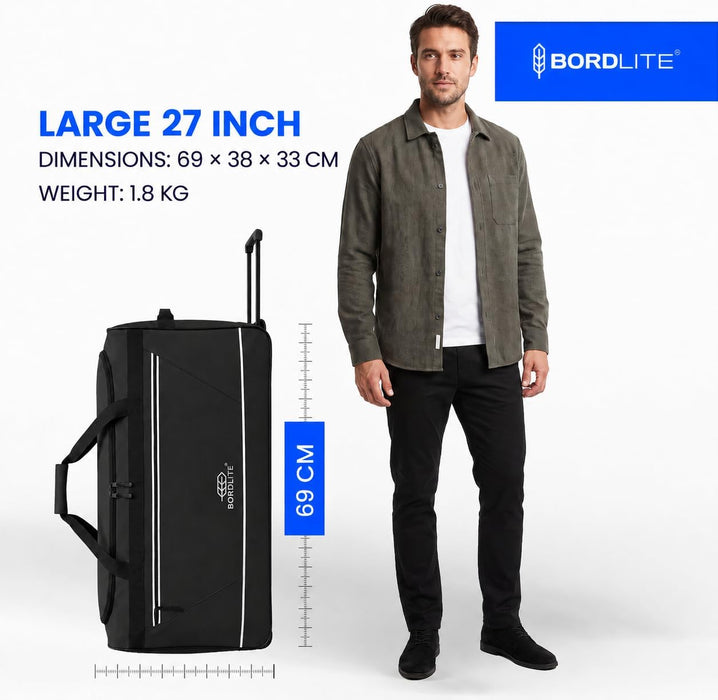 Bordlite 87L Large Travel Bag on Wheels – 27 Inch Water-Resistant Tarp Holdall with 3 Smooth Wheels – 69x38x33cm
