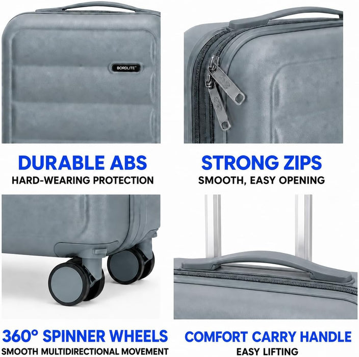 Bordlite Overhead Cabin Suitcase 55x34x21cm – Lightweight 2.27kg ABS Hard Shell Carry On Hand Luggage, 4 Double Spinner Wheels, Combination Lock & Trolley Handle