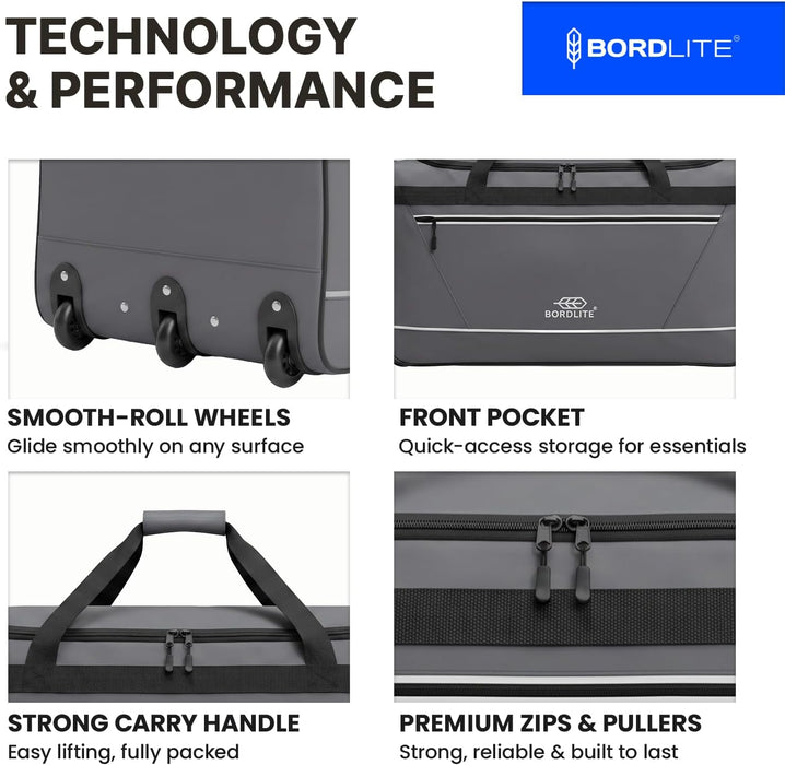 Bordlite 105L Extra Large Travel Bag on Wheels – 30 Inch Water-Resistant Tarp Holdall with 3 Smooth Wheels - 77x38x36cm