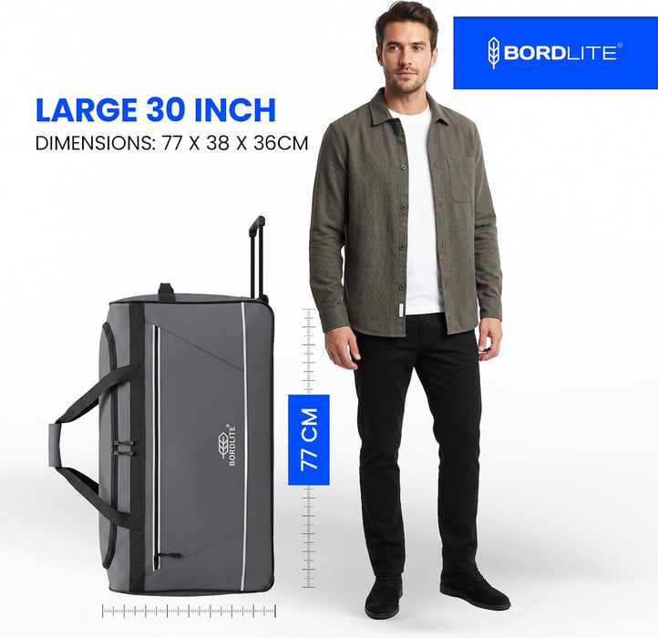 Bordlite 105L Extra Large Travel Bag on Wheels – 30 Inch Water-Resistant Tarp Holdall with 3 Smooth Wheels - 77x38x36cm