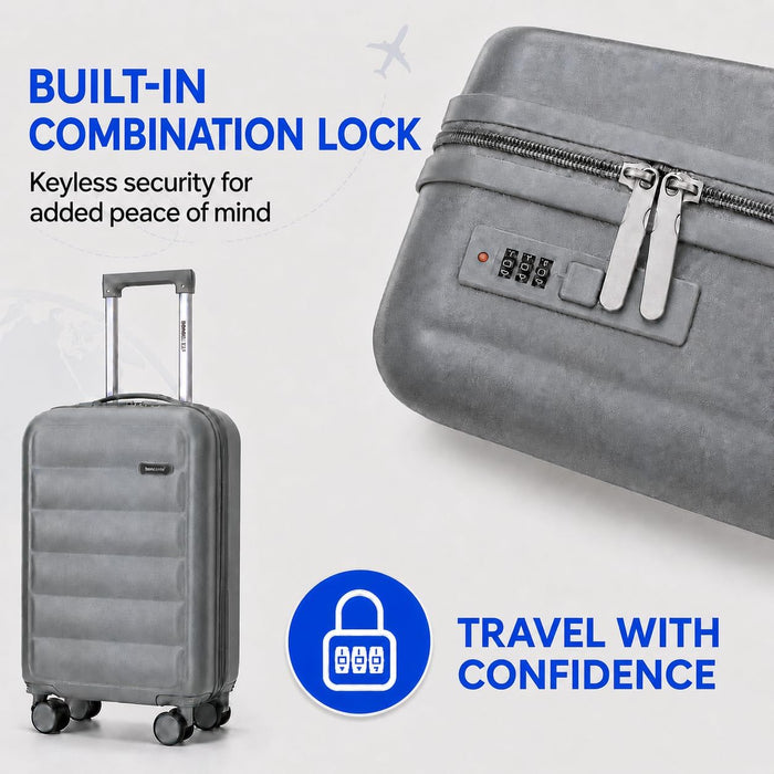 Bordlite Overhead Cabin Suitcase 55x34x21cm – Lightweight 2.27kg ABS Hard Shell Carry On Hand Luggage, 4 Double Spinner Wheels, Combination Lock & Trolley Handle