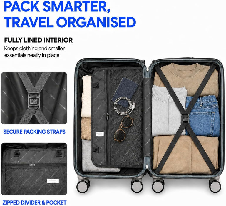 Bordlite Overhead Cabin Suitcase 55x34x21cm – Lightweight 2.27kg ABS Hard Shell Carry On Hand Luggage, 4 Double Spinner Wheels, Combination Lock & Trolley Handle