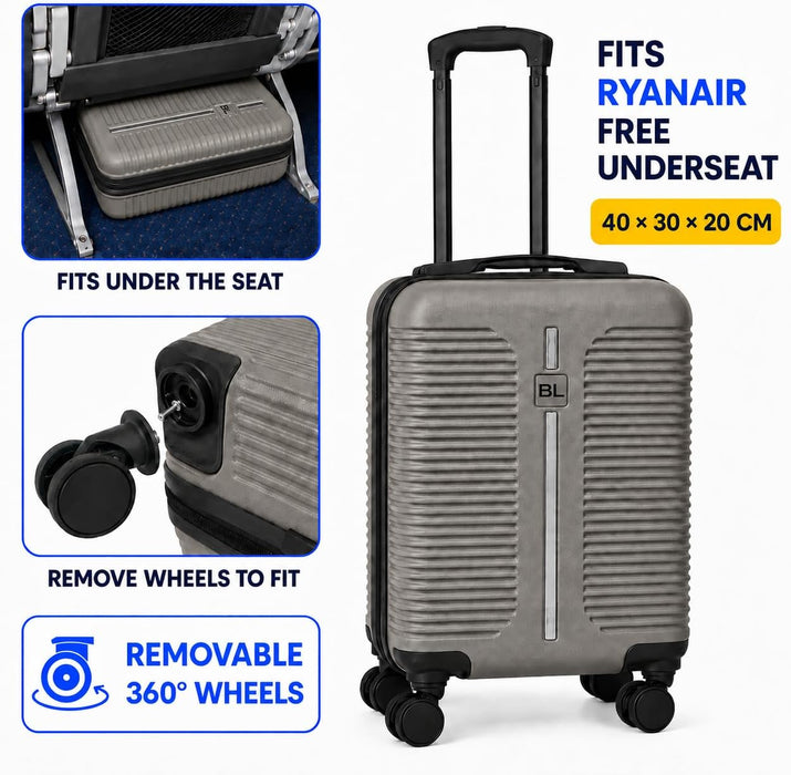 Bordlite Ryanair Cabin Suitcase 40x30x20cm – Lightweight 1.96kg Hard Shell Underseat Carry On Trolley Bag with Removable Wheels & Free Luggage Tag, Small Hand Luggage for Air Travel