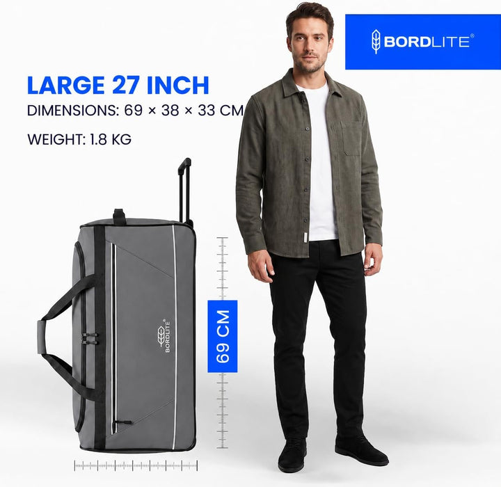 Bordlite 87L Large Travel Bag on Wheels – 27 Inch Water-Resistant Tarp Holdall with 3 Smooth Wheels – 69x38x33cm