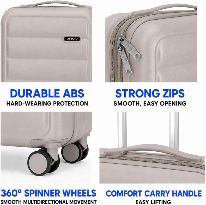 Bordlite Overhead Cabin Suitcase 55x34x21cm – Lightweight 2.27kg ABS Hard Shell Carry On Hand Luggage, 4 Double Spinner Wheels, Combination Lock & Trolley Handle