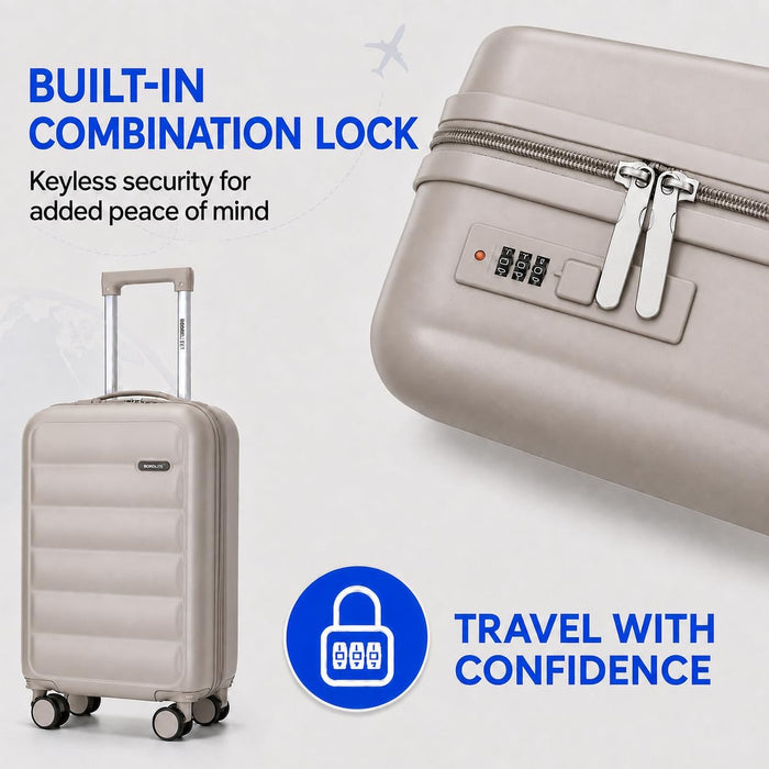 Bordlite Overhead Cabin Suitcase 55x34x21cm – Lightweight 2.27kg ABS Hard Shell Carry On Hand Luggage, 4 Double Spinner Wheels, Combination Lock & Trolley Handle