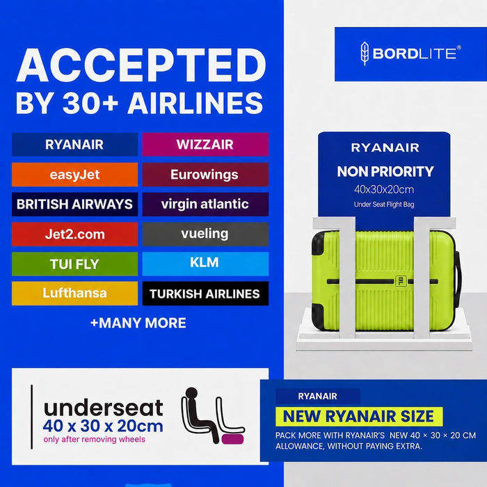 Bordlite Ryanair Cabin Suitcase 40x30x20cm – Lightweight 1.96kg Hard Shell Underseat Carry On Trolley Bag with Removable Wheels & Free Luggage Tag, Small Hand Luggage for Air Travel