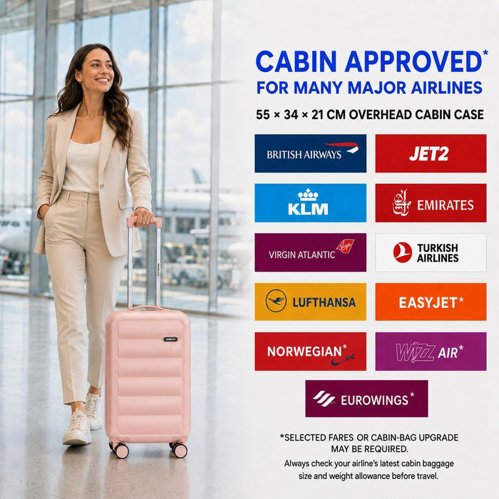 Bordlite Overhead Cabin Suitcase 55x34x21cm – Lightweight 2.27kg ABS Hard Shell Carry On Hand Luggage, 4 Double Spinner Wheels, Combination Lock & Trolley Handle