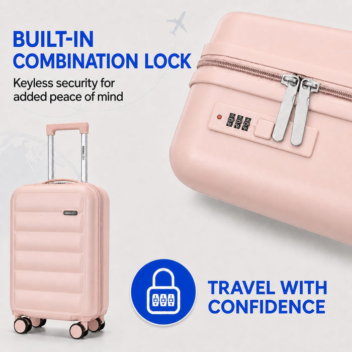 Bordlite Overhead Cabin Suitcase 55x34x21cm – Lightweight 2.27kg ABS Hard Shell Carry On Hand Luggage, 4 Double Spinner Wheels, Combination Lock & Trolley Handle