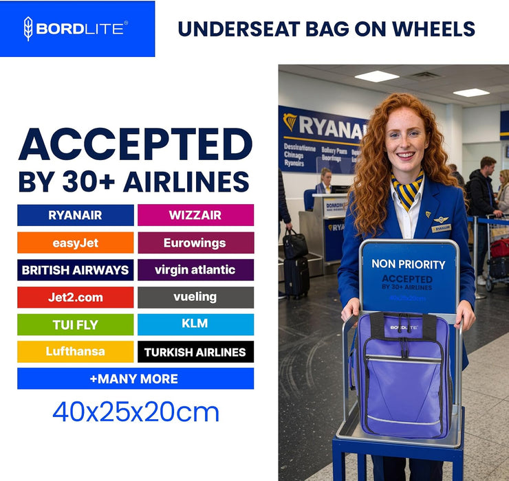 Bordlite Ryanair 40x20x25cm Cabin Backpack on Wheels – Lightweight 2 in 1 Trolley Bag & Rucksack (20L) – Fits Ryanair Free Hand Luggage Allowance
