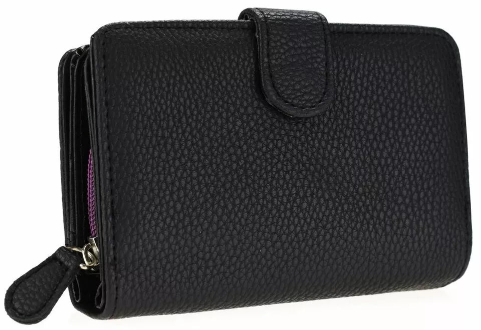 Ridgeback Women’s Small Faux Leather Bi Fold Magnetic Closure Purse - 5 Credit Card Slots - Black